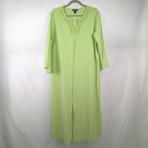 Vtg Y2K Miss Elaine Green Floral Embroidered Zip Front Robe‎ Dress Maxi Cotton M